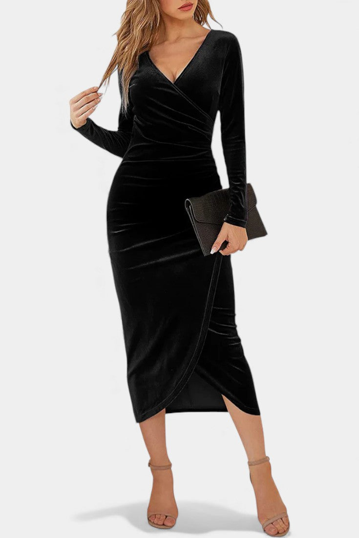 Gathered Velvet Midi Cocktail Dress by Kenza