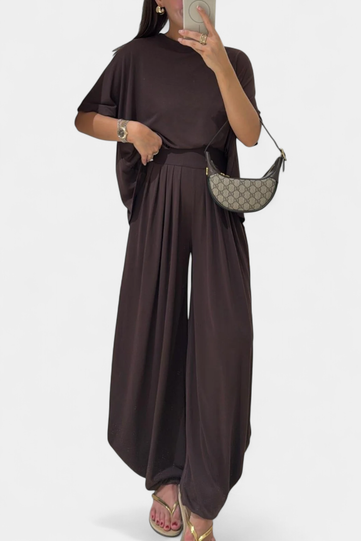 Trista Minimalist Modal Ensemble: Straight Top & Wide-Leg Pants