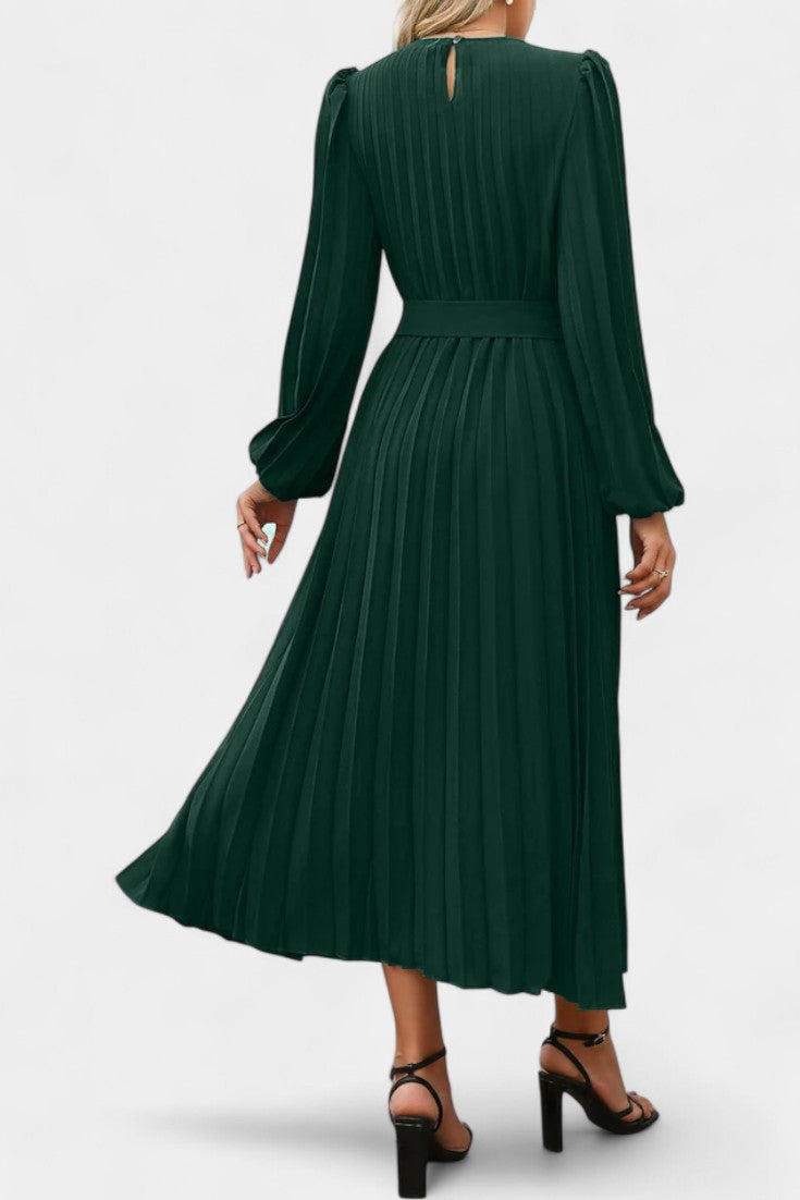 Christelle Puff Sleeve Long Pleated Dress with Belt