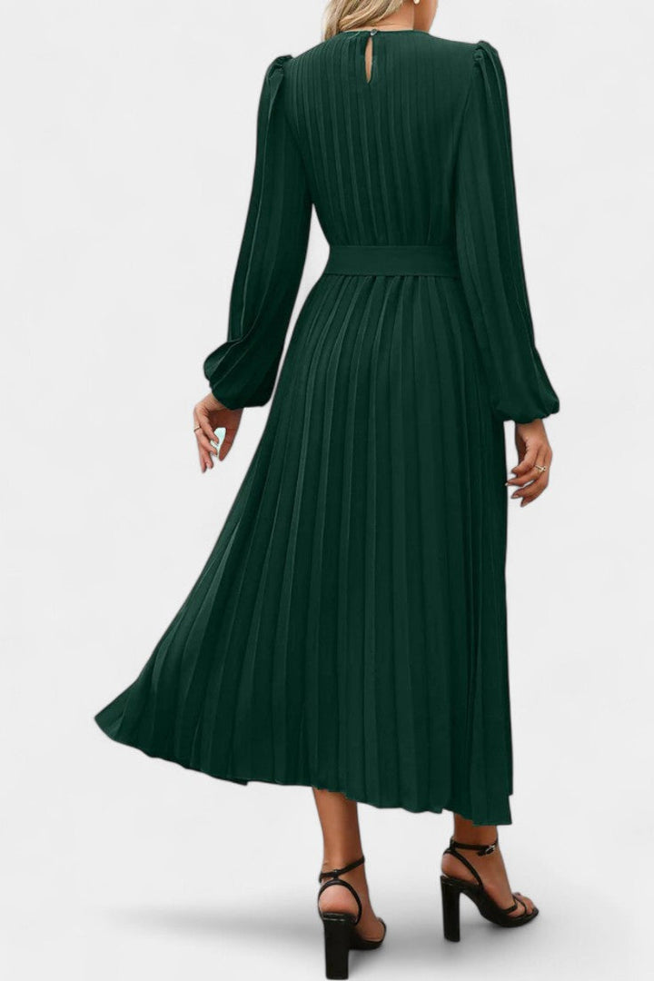 Christelle Puff Sleeve Long Pleated Dress with Belt