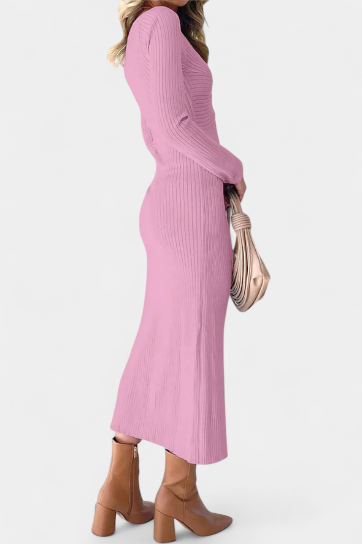 Mélusine Ruched V-Neck Long Sleeve Fitted Knit Dress
