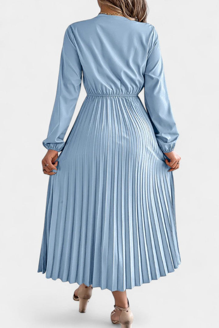 Séverine V-Neck Lace Dress with Long Puff Sleeves and Pleated Design