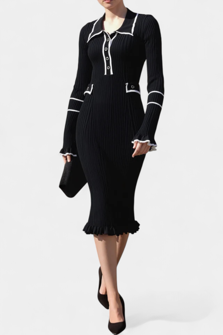 Jamila Polo Collar Knit Dress with Chic Ruffles