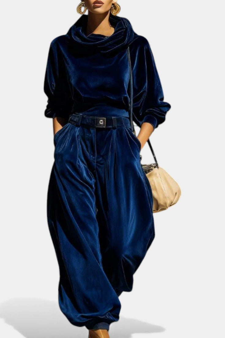 Riana Vintage Brown Velvet Hooded Ensemble with Relaxed Pants