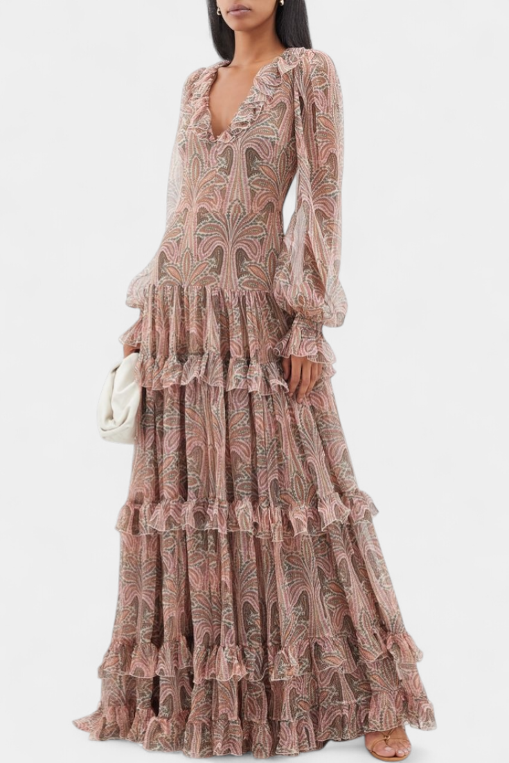 Ayla V-Neck Long Flounced Dress in Bohemian Paisley Print