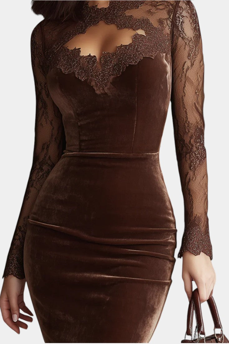 Chantaline Keyhole Neckline Mini Dress with Elegant Lace Sleeves