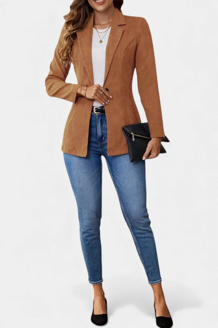 Rhéane Notched Lapel Long Blazer with Single Button Closure