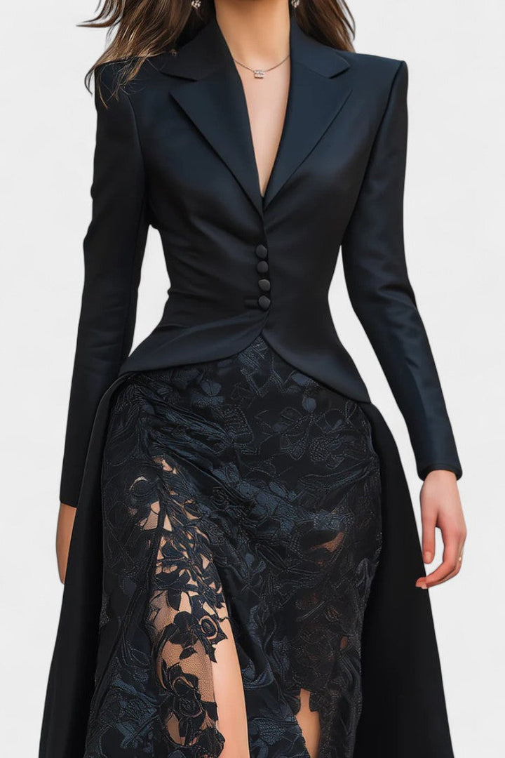 Flavienne Satin Blazer Dress with Black Lace Accents