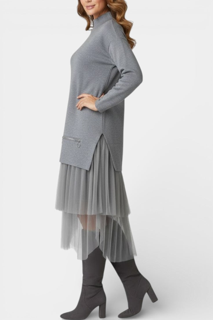 High Collar Fiorenza Knit and Tulle Dress