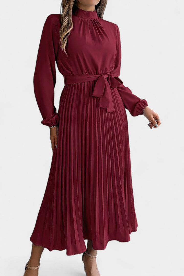 Morgane Pleated Dress featuring a High Ruffled Collar and Tied Waist