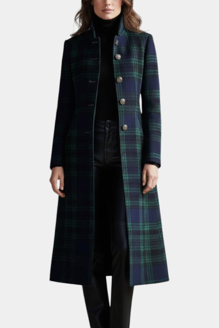 Caterina Two-Tone Blue-Green Retro Plaid Midi Coat