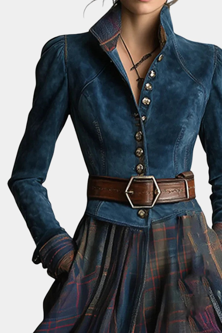 Retro Ethnic Style Liza Maxi Dress in Checkered Suede