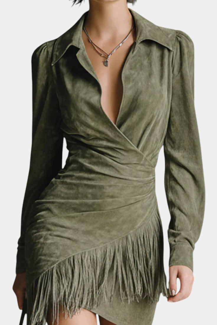 Ottilia Olive Suede Mini Wrap Dress