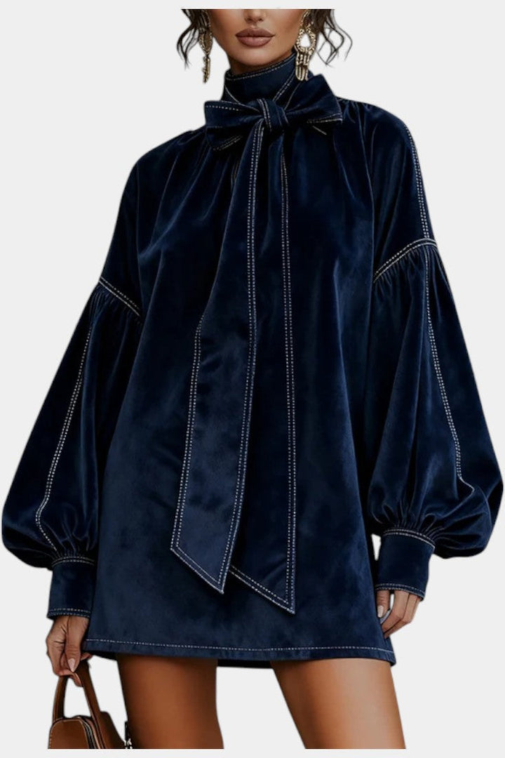 Toamela Dark Blue Mini Velvet Dress with Lantern Sleeves