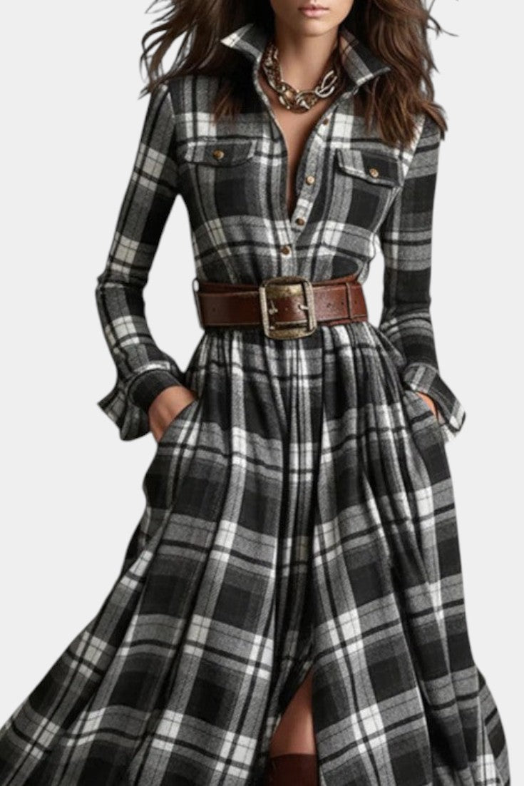 Eustelle Black and White Checkered Maxi Dress with Collar