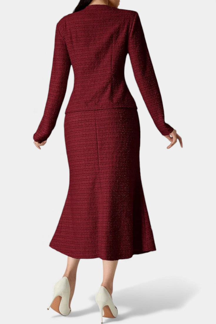 Véronique Two-Piece Tweed Ensemble – Round Neck Blouse with Midi Mermaid Skirt