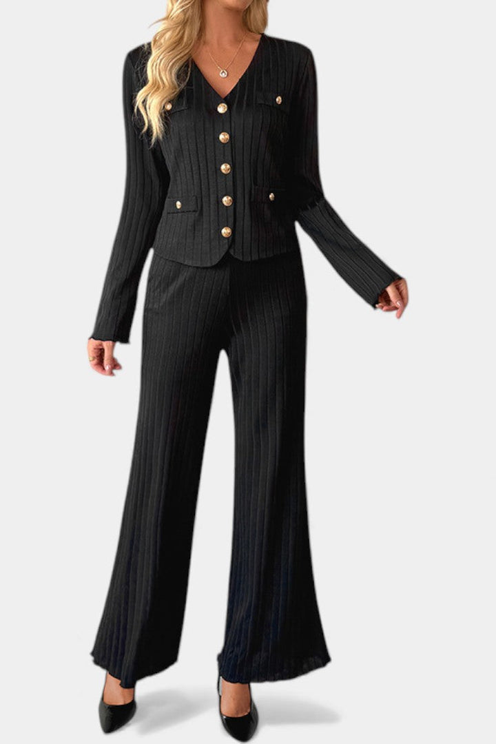 Nahia Minimalist Knit Top with Wide-Leg Pants Set