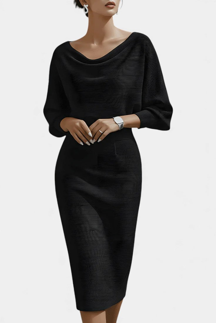 Marjolaine Midi Dress with Batwing Sleeves and Draped Design