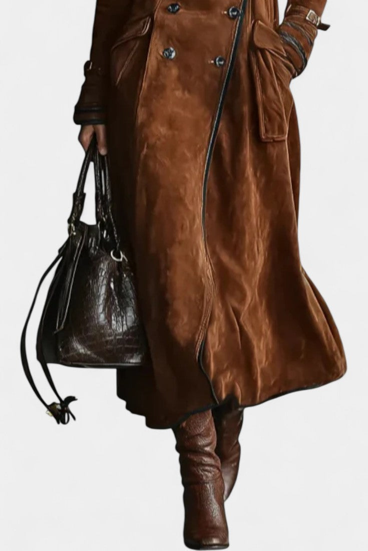 Double-Breasted Suede Sandra Long Coat with Black Trim