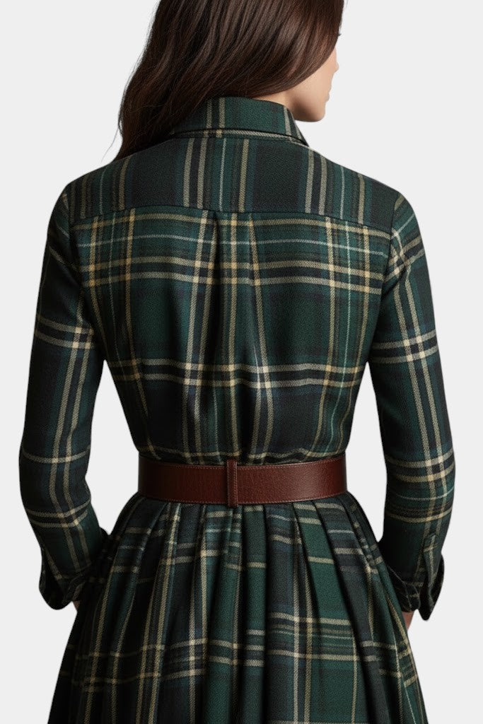 Eustelle Green Plaid Maxi Dress with Collar