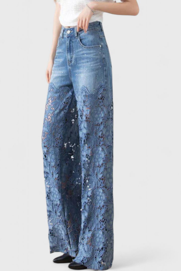Denim Jasiel Palazzo Pants Featuring Openwork Lace Details