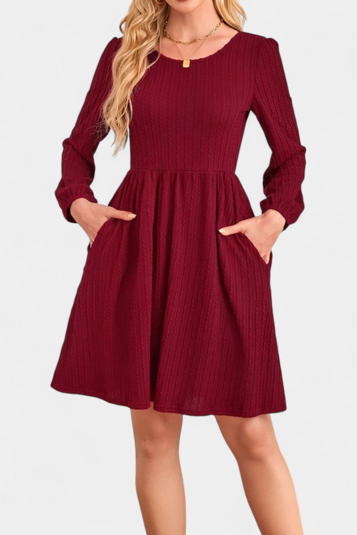 Dorothée Textured Flared Dress featuring Round Neck and Long Sleeves