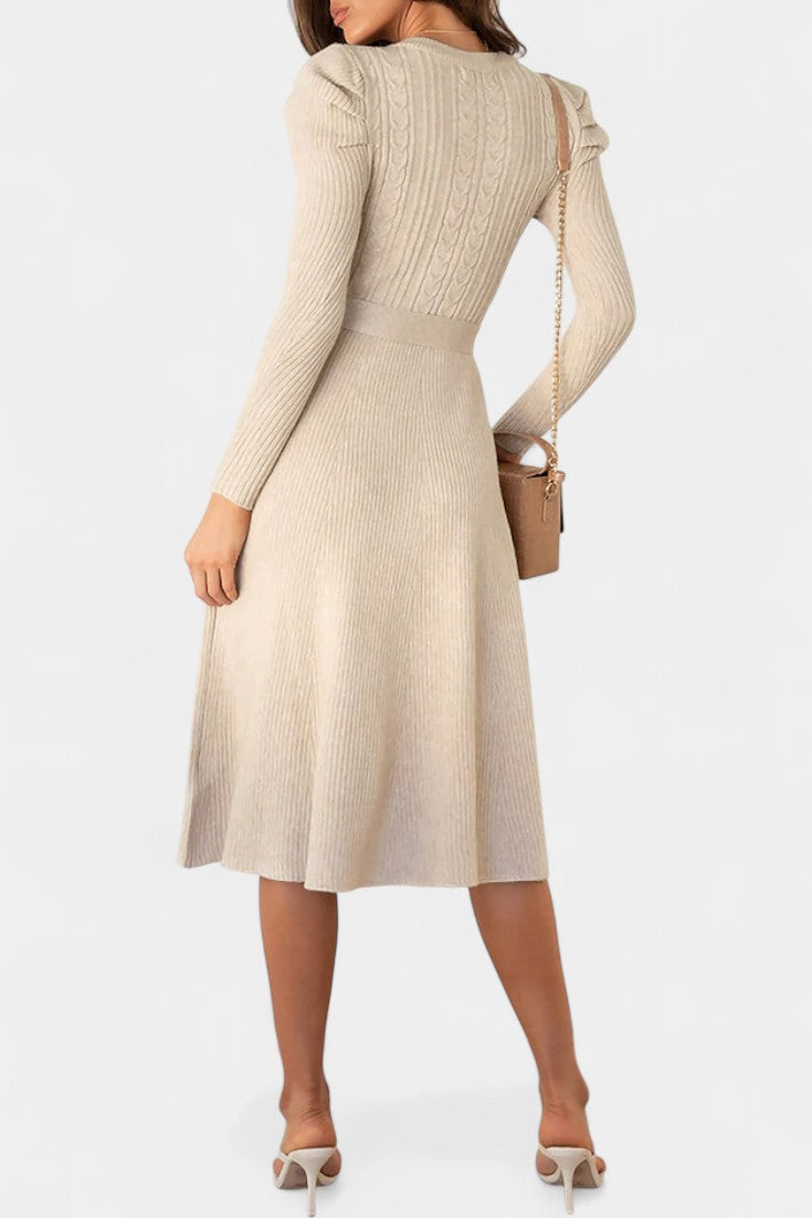 Évoria Puff Sleeve Knitted Midi Dress with Lace Accents