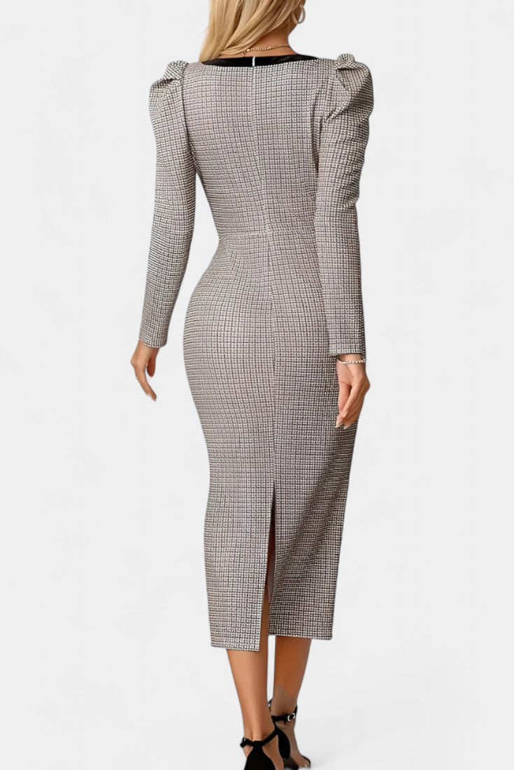 Nevena Checkered Midi Dress with Puff Sleeves and Bow Detail
