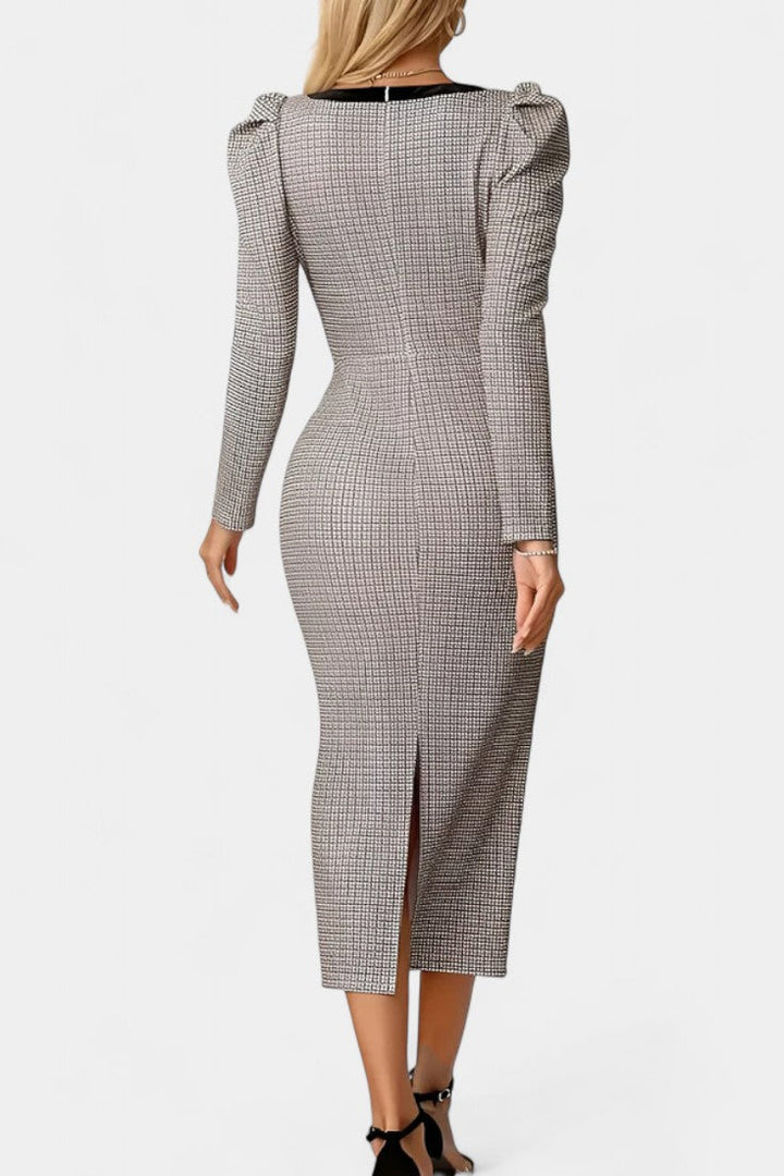 Nevena Checkered Midi Dress with Puff Sleeves and Bow Detail