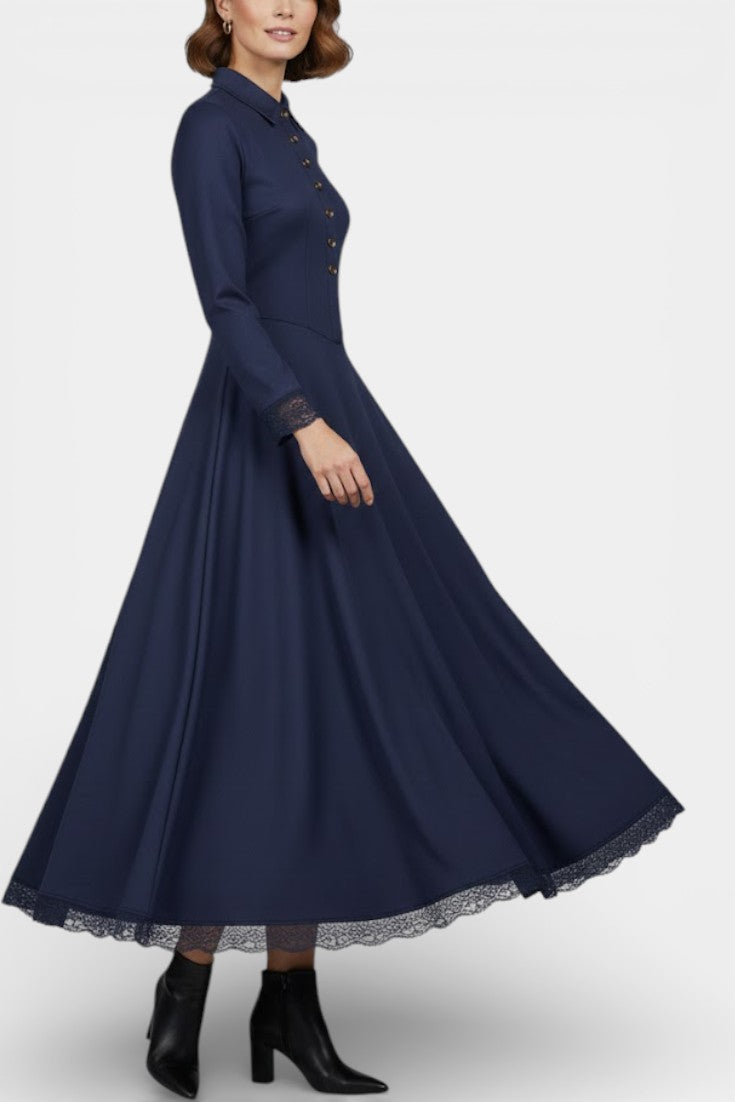 Suede Long Robe with Shirt Collar and Lace Details