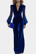 Clarène V-Neck Velvet Jumpsuit with Long Sleeves