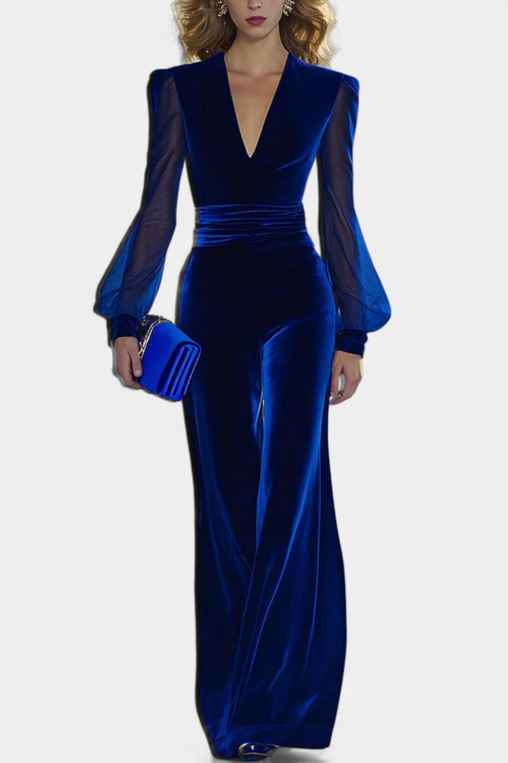 Clarène V-Neck Velvet Jumpsuit with Long Sleeves