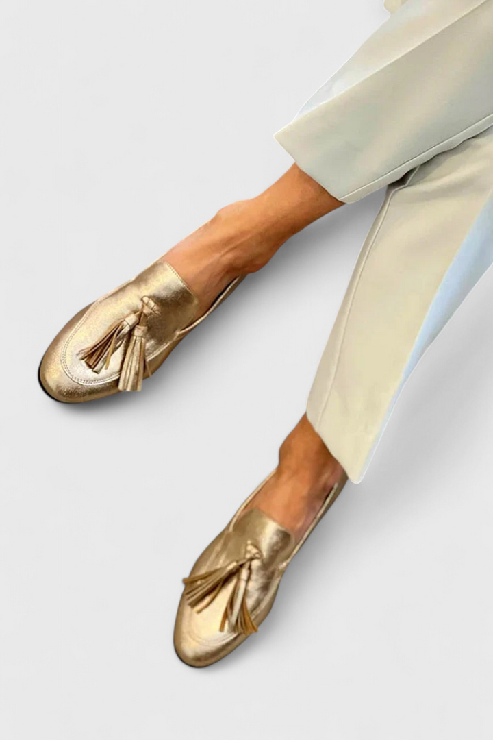 Iya Elegant Fringed Metallic Gold Loafers