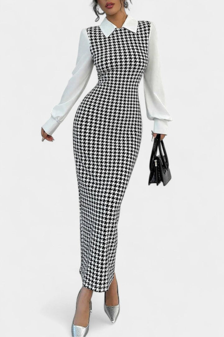 Houndstooth Print Claire Maxi Dress with Puff Sleeves