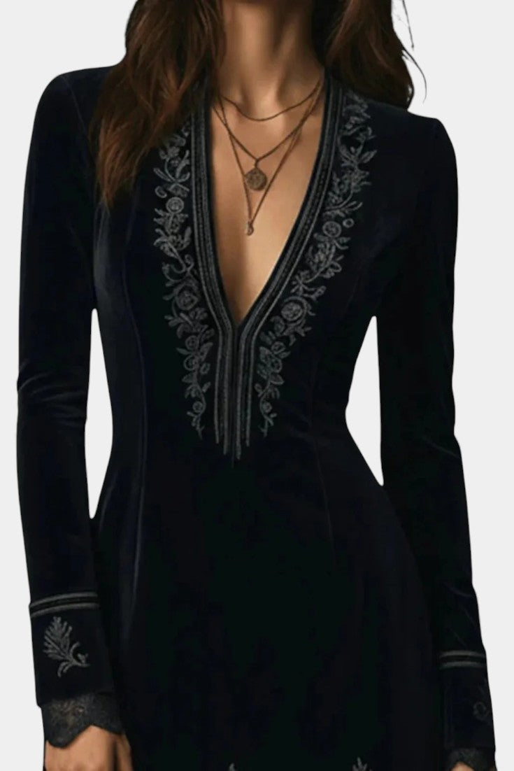 Pharélia Velvet Dress with Embroidery and Deep V-Neck
