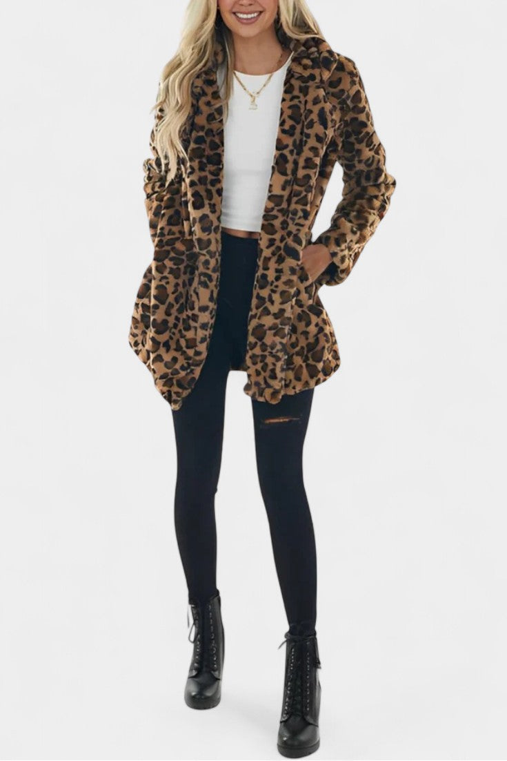 Énola Leopard Print Faux Fur Coat with Pockets - Long Style