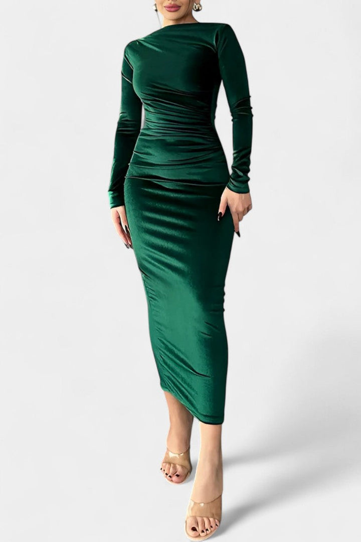 Ruched Velvet Long Sleeve Bodycon Maxi Dress by Amicie