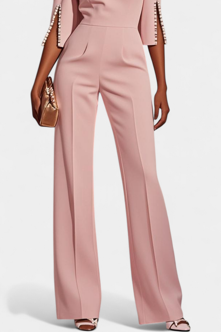 Chic Three-Quarter Sleeve Jumpsuit with Pearl Accents
