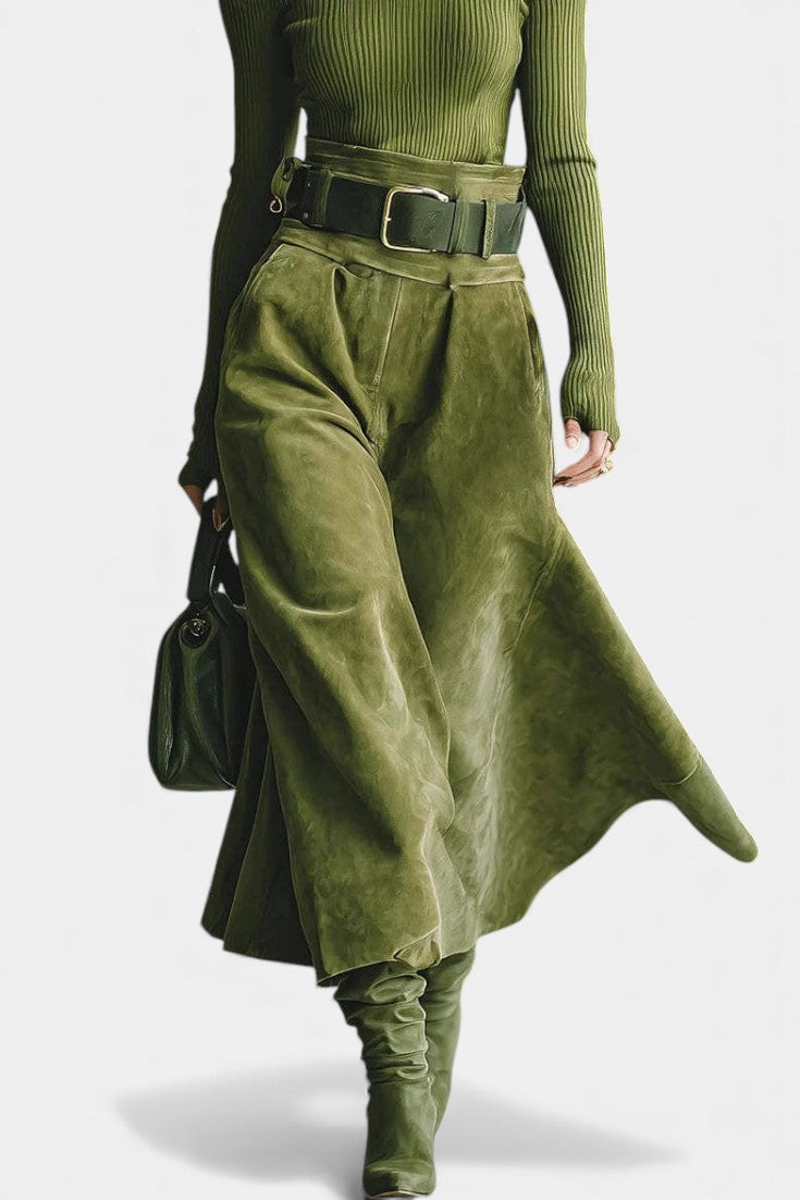 Atala Olive Off-the-Shoulder Top with Midi Suede Skirt Ensemble