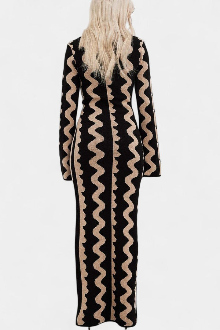 Maphie Long Sleeve Knit Dress with Geometric Pattern
