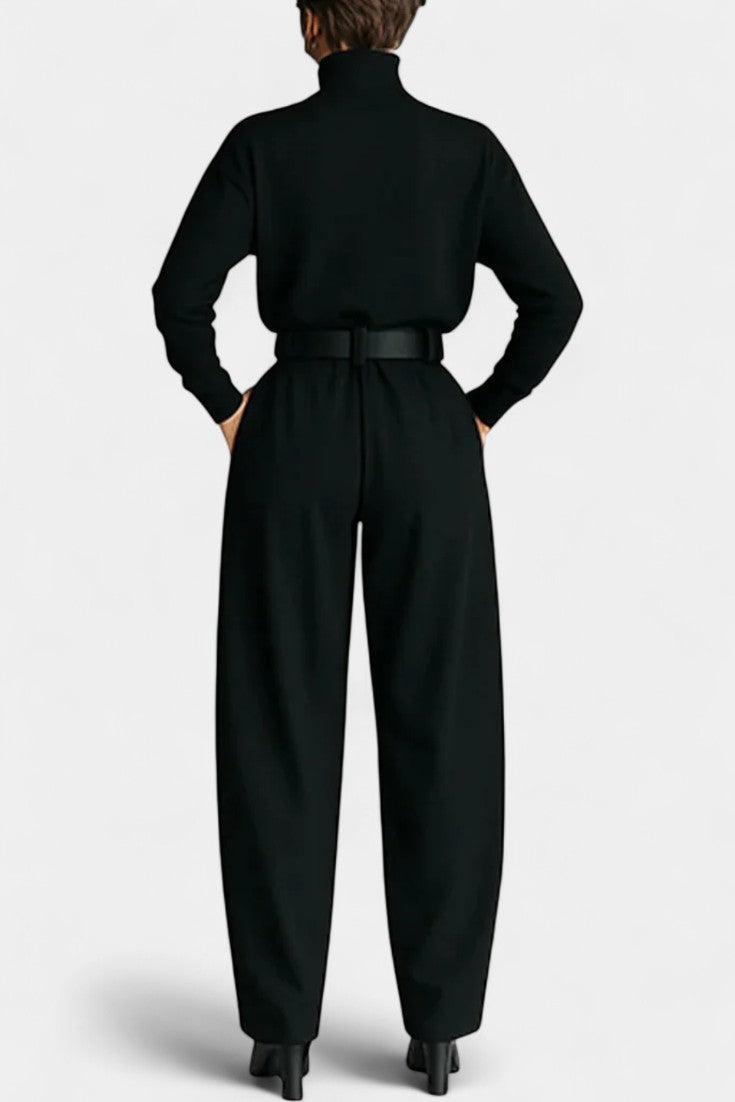Erisen Black High-Collar Ensemble with Straight-Leg Trousers