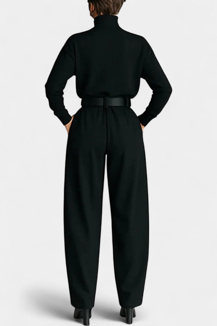 Erisen Black High-Collar Ensemble with Straight-Leg Trousers