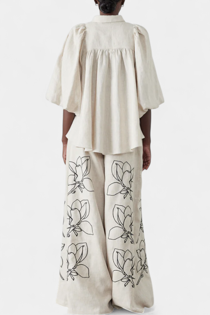 Helen Puff Sleeve Blouse & Wide-Leg Floral Linen Pants Set