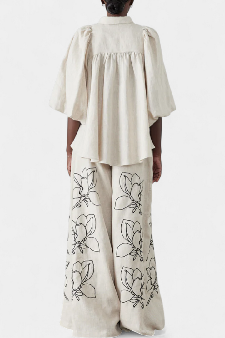 Helen Puff Sleeve Blouse & Wide-Leg Floral Linen Pants Set