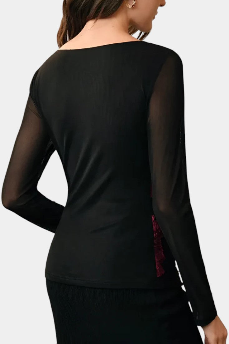 Floral Textured Blouse with Boat Neck and Long Sleeves by Ninon