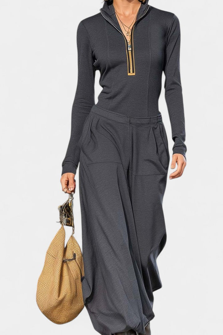 Azélina Dark Gray Set Featuring High Collar and Wide-Leg Trousers