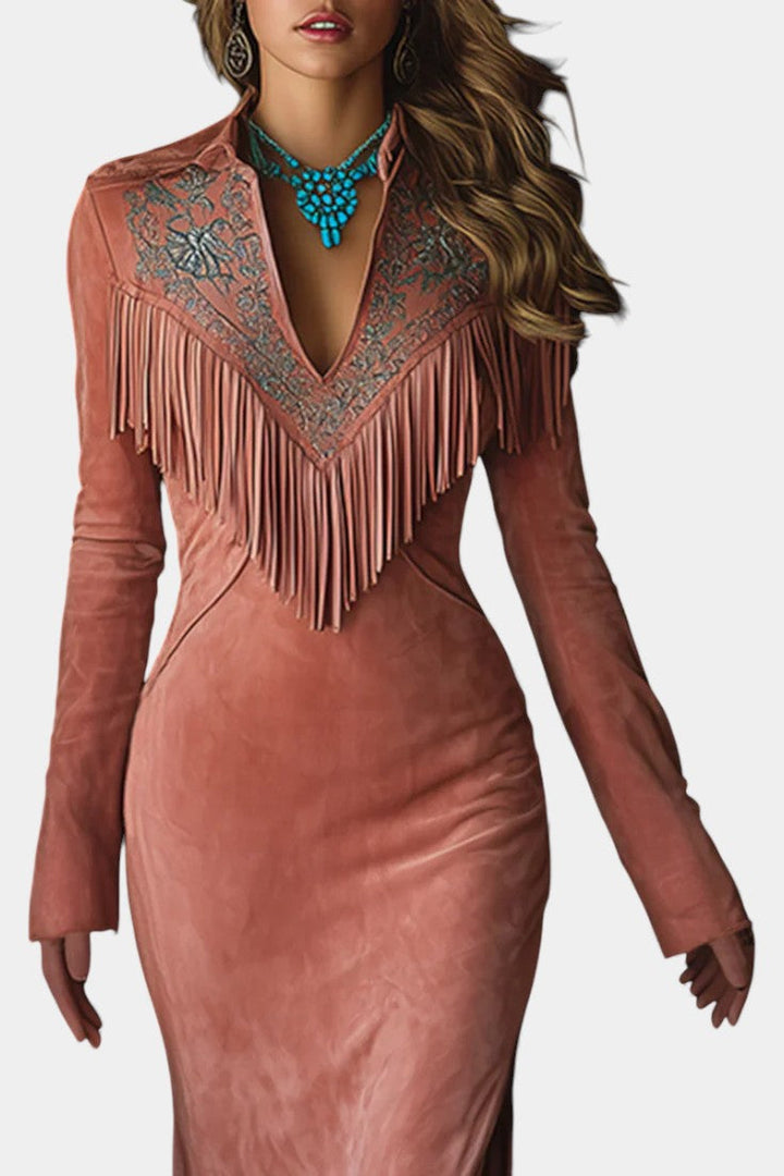 Amber Maxi Dress in Faux Suede with Embroidered Pink Accents and Western Fringes