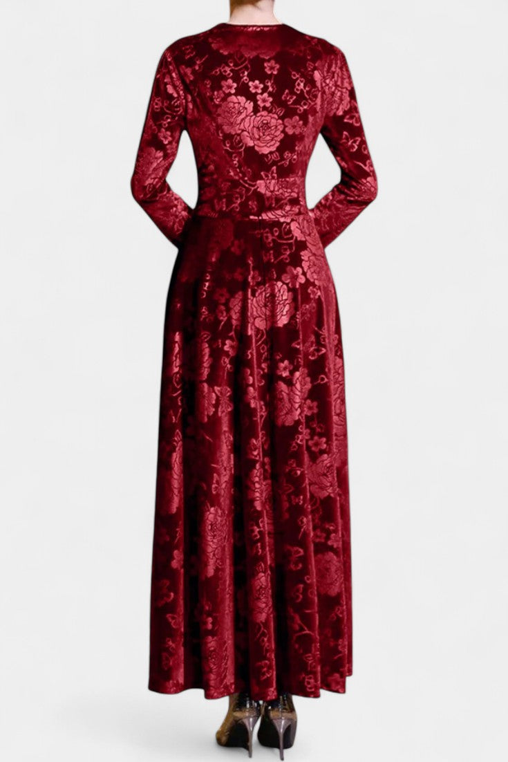 Ombeline V-Neck Long Velvet Dress with Textured Floral Design