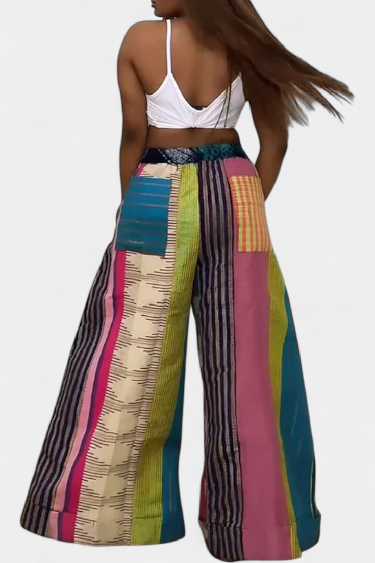 Claudine Striped Wide-Leg Trousers with Contrast Drawstring