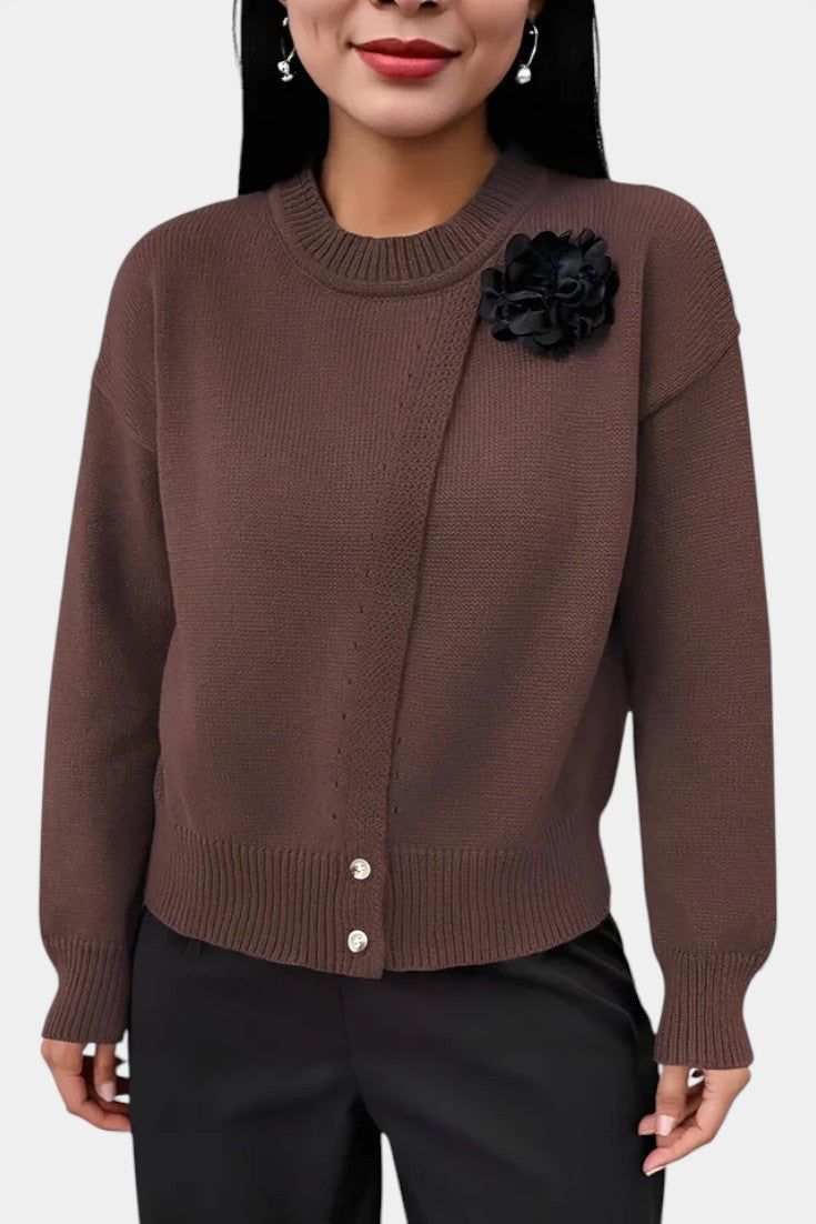 Carole Solid Color Knitted Sweater with Button Accents and Floral Embellishments